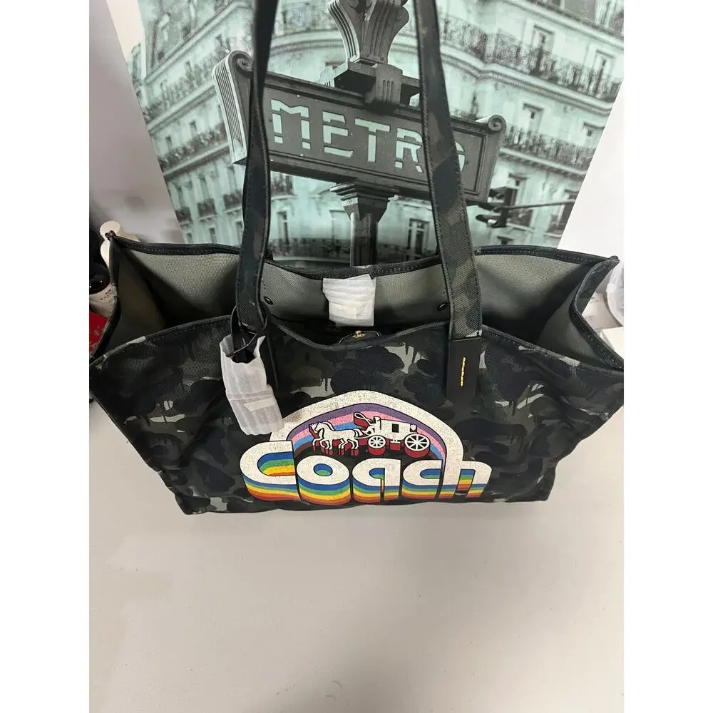 Coach CA303 Pride Recycled Canvas Tote 42, Camo Print Rainbow Logo Large Laptop